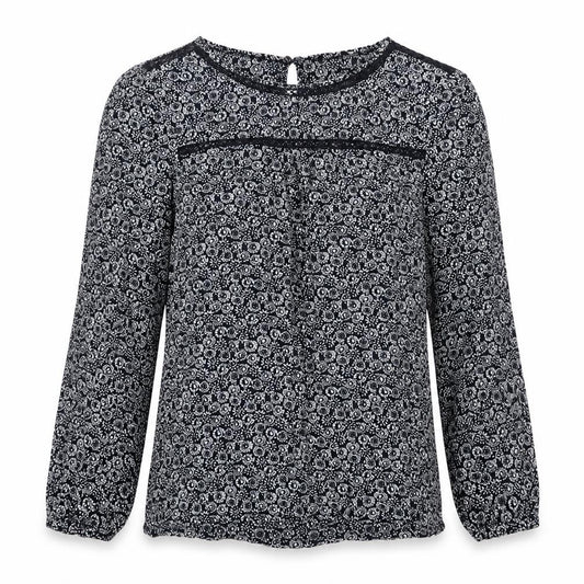 Front view of He Loves Me He Loves Me Not women’s black geometric viscose basic blouse, size UK 10, round neck