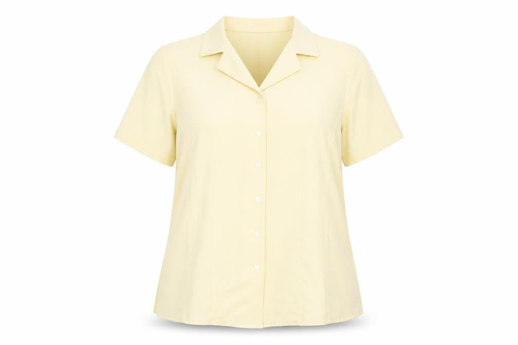 Front view of Bonmarché women’s yellow polyester basic button-up, size UK 16, collared