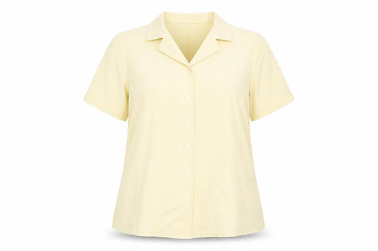 Front view of Bonmarché women’s yellow polyester basic button-up, size UK 16, collared