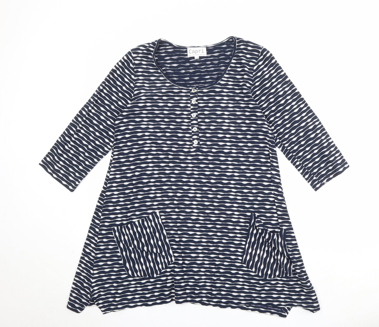 Capri Womens Blue Geometric 100% Cotton Tunic Blouse Size S Round Neck