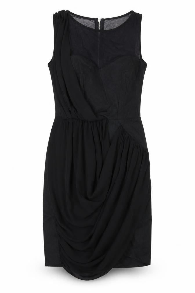 Front view of Warehouse women’s black cotton a-line, size UK 10, round neck zip