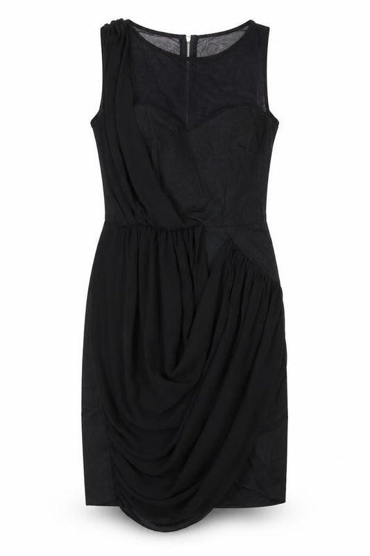 Front view of Warehouse women’s black cotton a-line, size UK 10, round neck zip