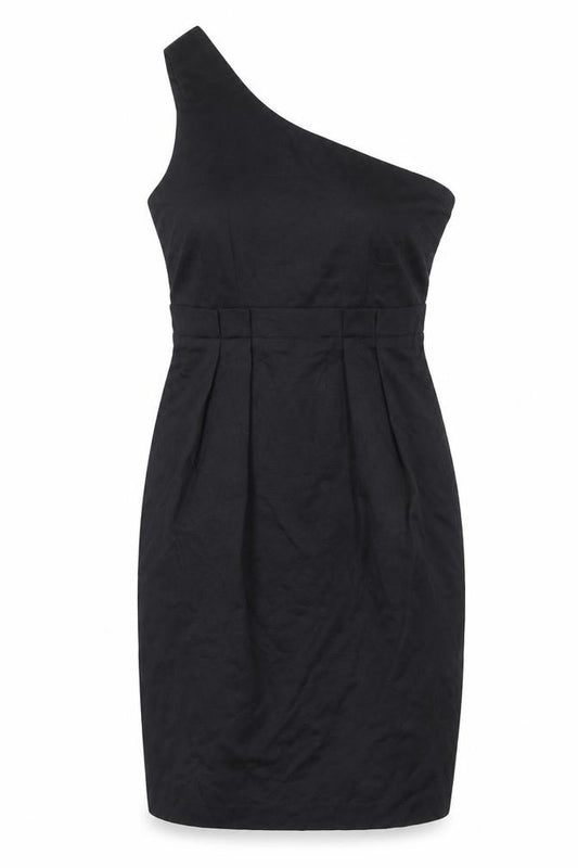 Front view of ASOS women’s black cotton a-line, size UK 12, one shoulder zip