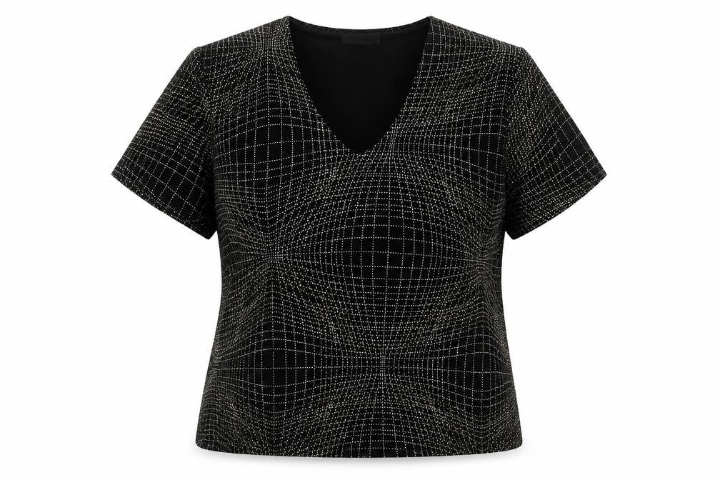 Front view of Piacenza women’s black geometric polyester basic blouse, size UK 18, v-neck