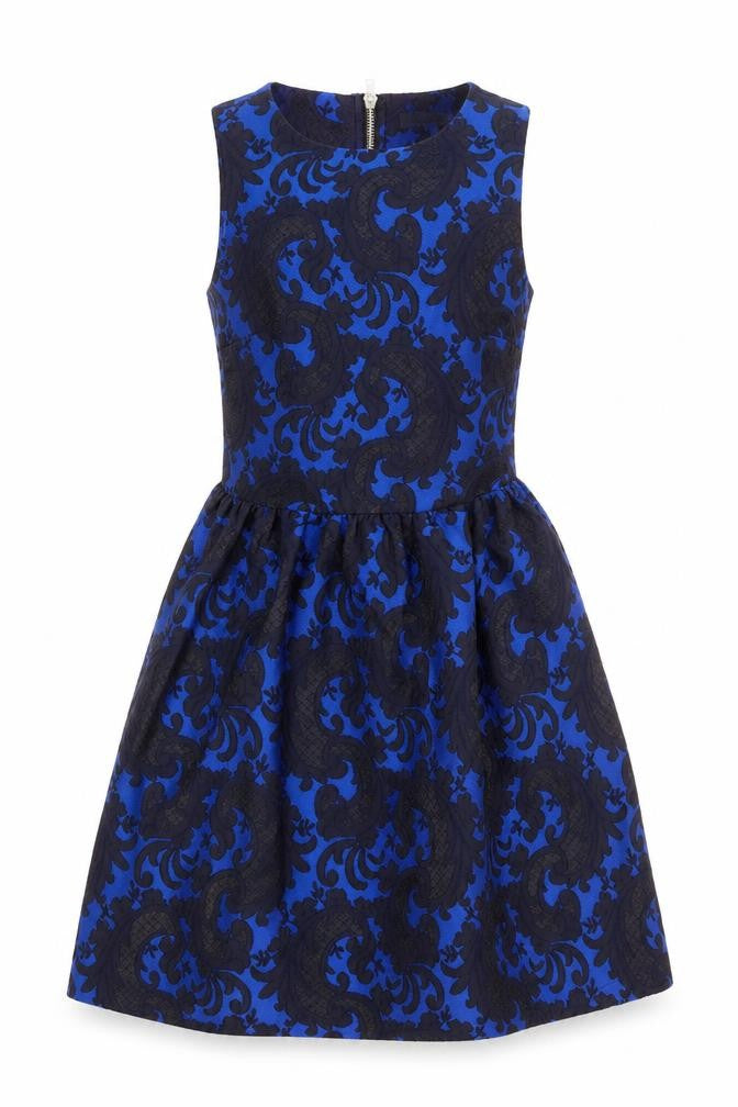 Front view of Glamorous women’s blue geometric polyester fit & flare, size XS, round neck zip
