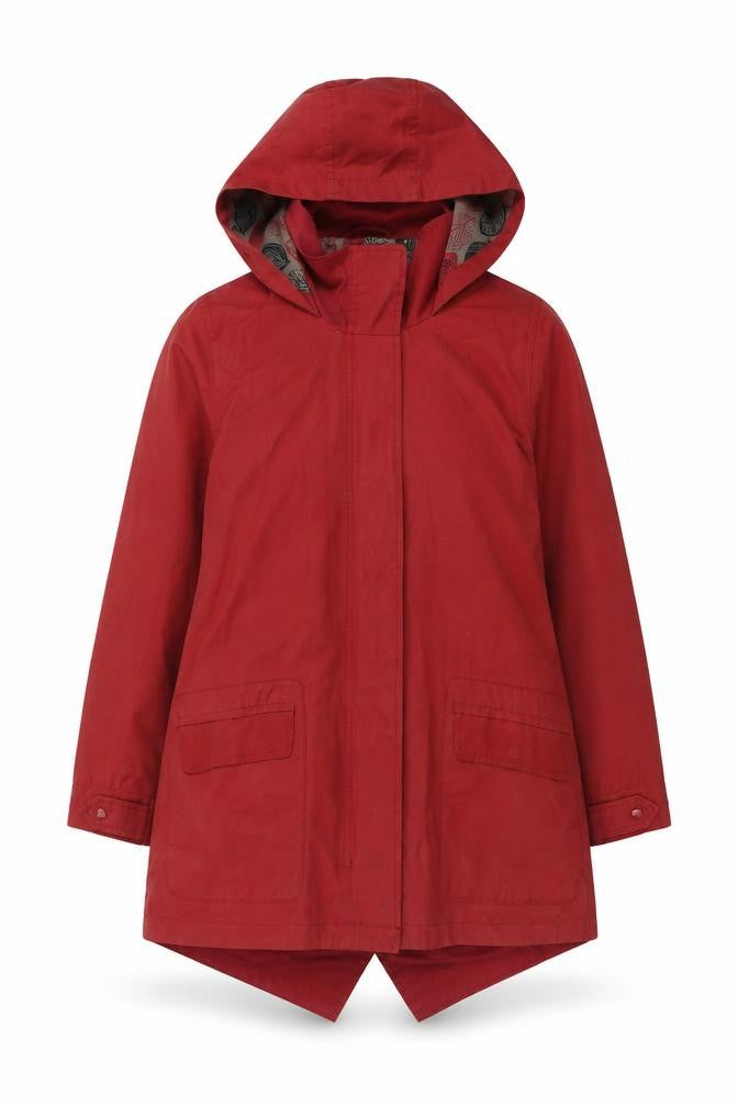 Front view of TIGI women’s red jacket, size UK 10, zip