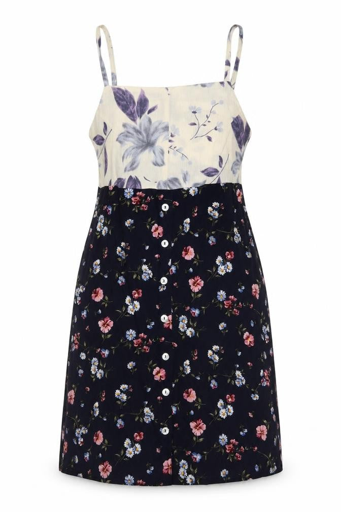 Front view of Vintage women’s multicoloured geometric polyester slip dress, size S, square neck button