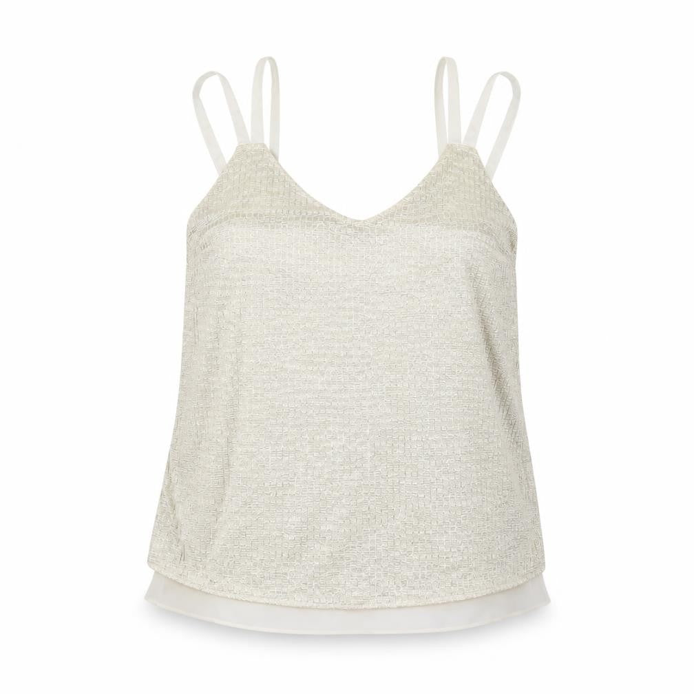 Front view of Next women’s gold striped polyester basic tank, size UK 12, v-neck