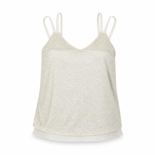 Front view of Next women’s gold striped polyester basic tank, size UK 12, v-neck