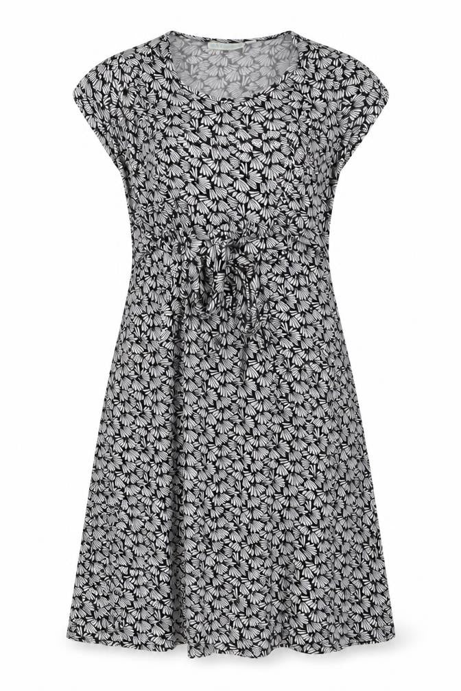 Front view of JoJo Maman Bébé women’s black geometric viscose trapeze & swing, size S, round neck pullover