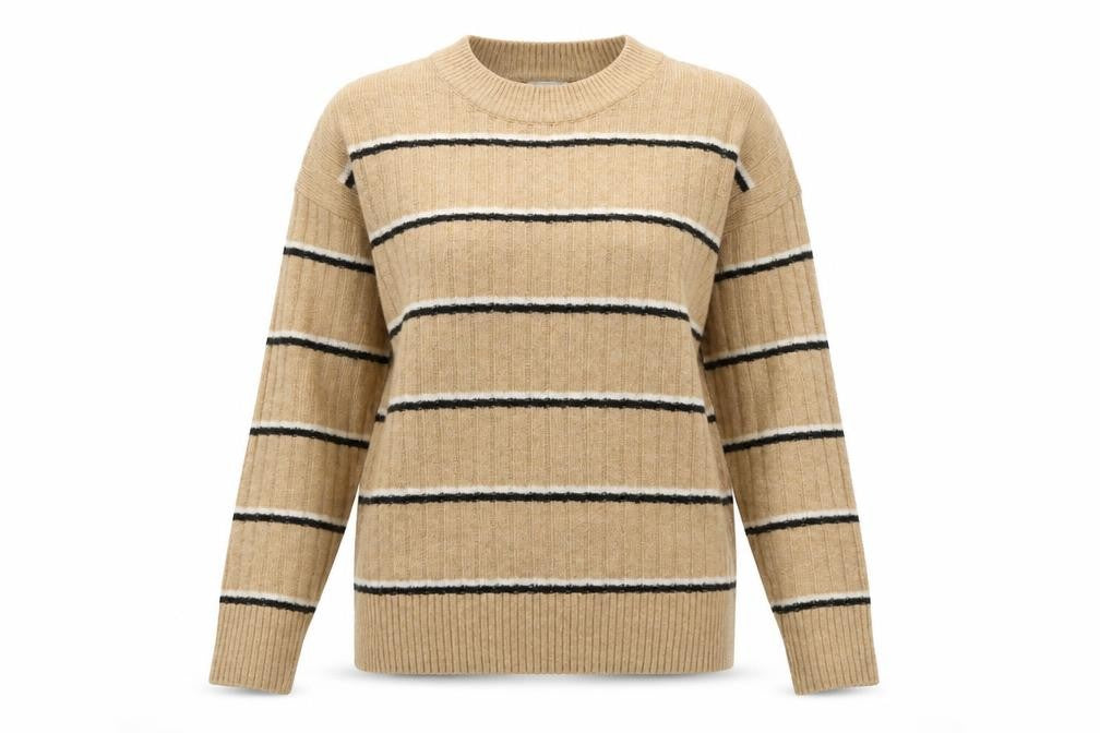 Front view of Warehouse women’s beige round neck striped acrylic jumper, size UK 6