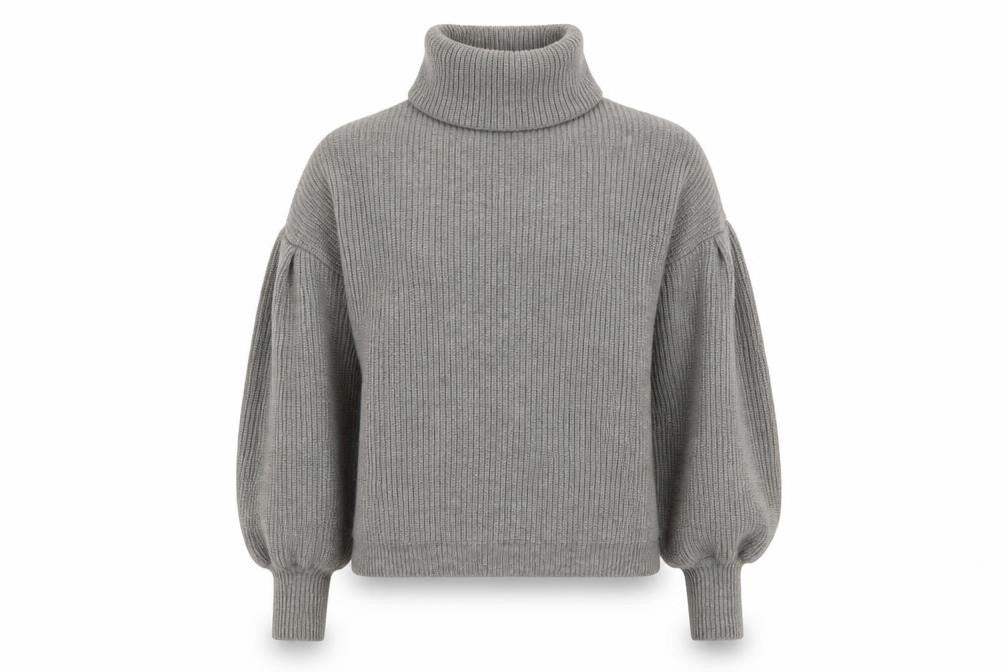 Front view of PRETTYLITTLETHING women’s grey roll neck acrylic jumper, size S