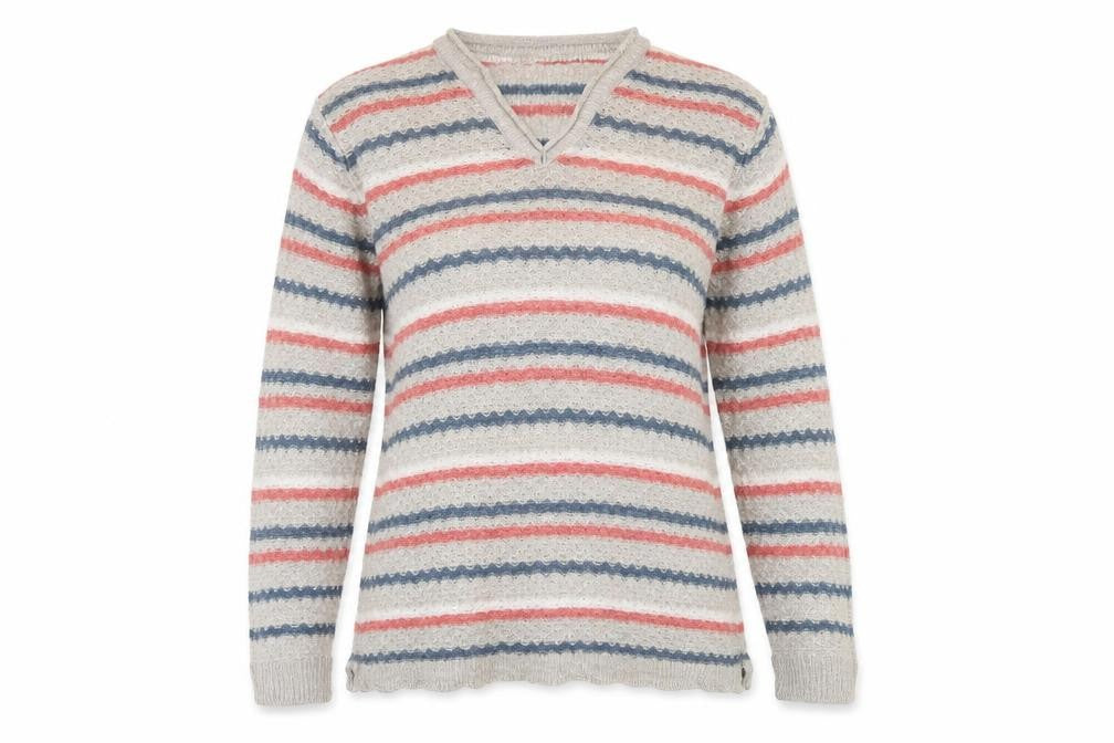 Front view of EWM women’s multicoloured v-neck striped acrylic jumper, size M