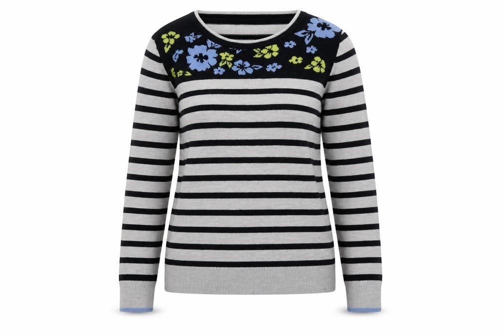 Front view of EWM women’s grey round neck striped acrylic jumper, size UK 10