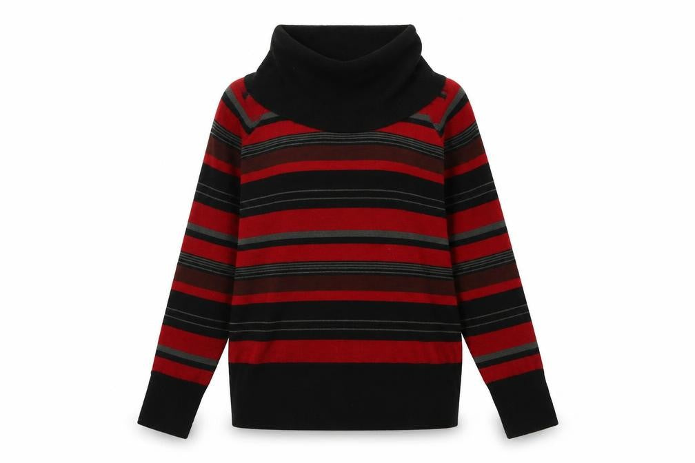 Front view of EMW women’s red roll neck striped acrylic jumper, size UK 10