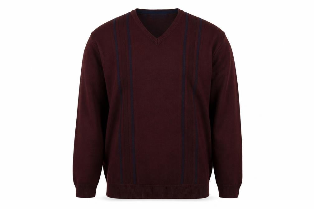 Premier Man Mens Red V-Neck Striped Acrylic Pullover Jumper Size 2XL Long Sleeve