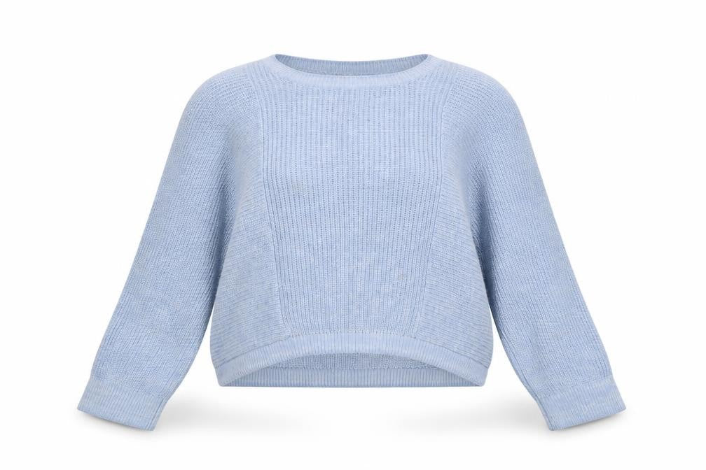 Front view of Topshop women’s blue round neck cotton jumper, size UK 12