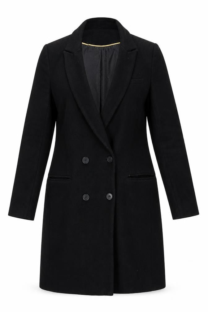 Front view of Laura Clement women’s black overcoat coat, size UK 8, button