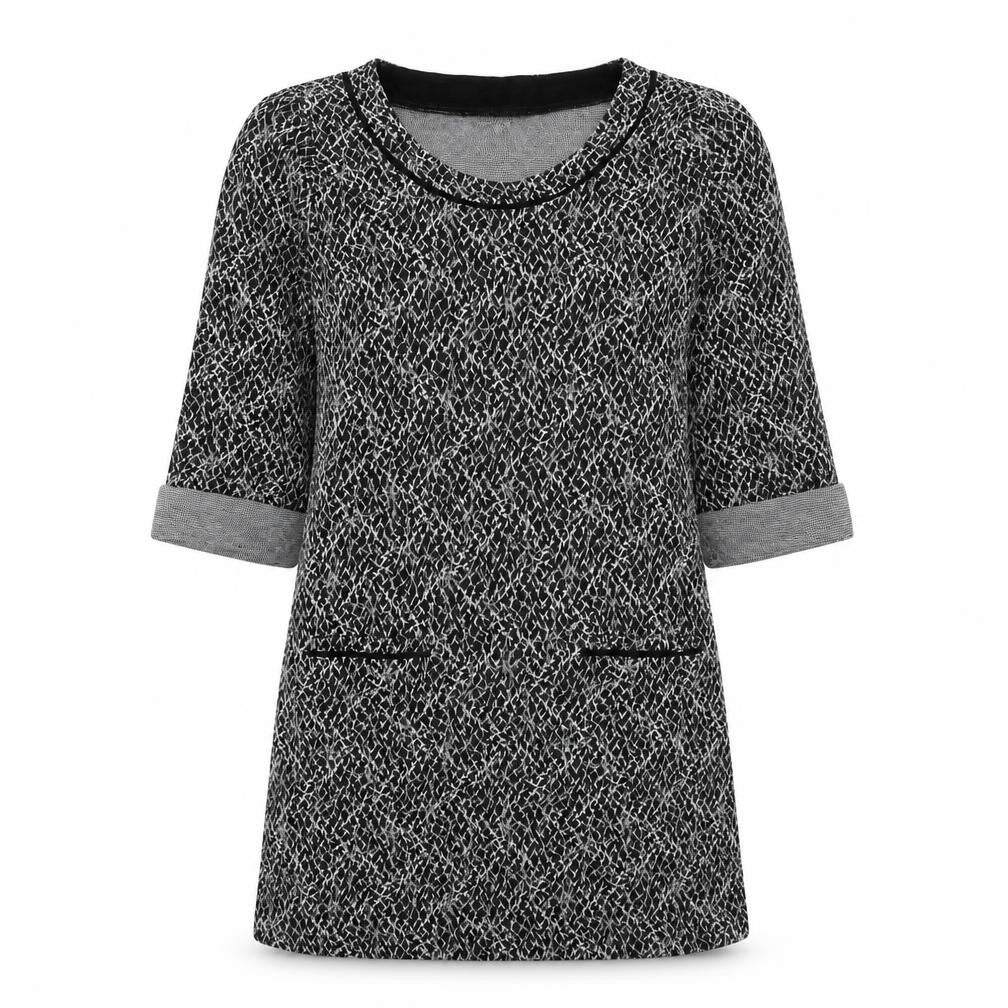 Front view of Great Plains London women’s black geometric viscose a-line, size M, round neck pullover