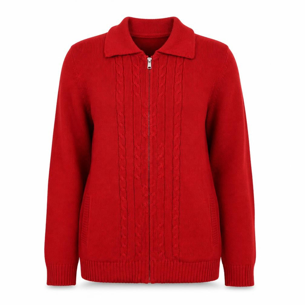 Front view of Penny Plain women’s red collared cotton full zip jumper, size S