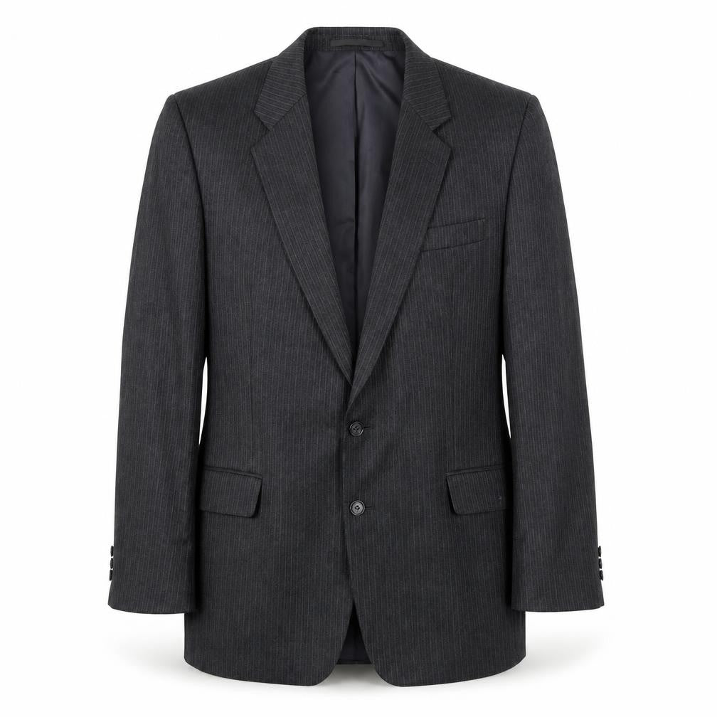Front view of Greenwoods men’s grey striped polyester jacket suit jacket, size 44, regular