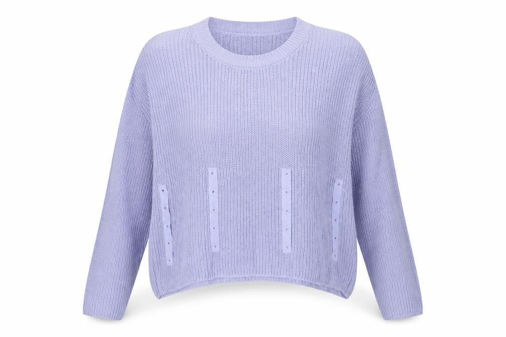 Front view of ASOS women’s blue round neck acrylic jumper, size UK 12