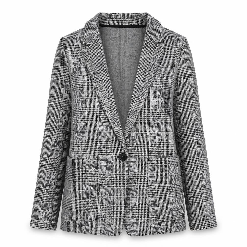 Front view of H&M women’s black geometric jacket blazer, size UK 4, button