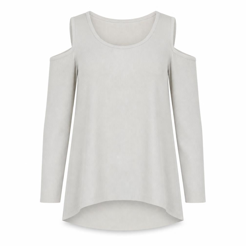 Front view of Boohoo women’s grey polyester basic blouse, size UK 8, round neck - cold shoulder