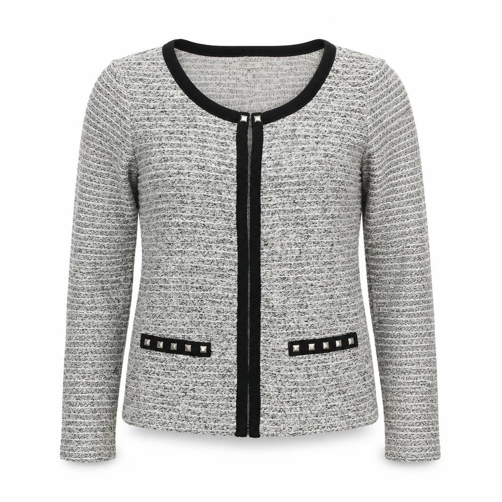 Front view of Blanco Tricot women’s grey geometric jacket, size S, hook & eye