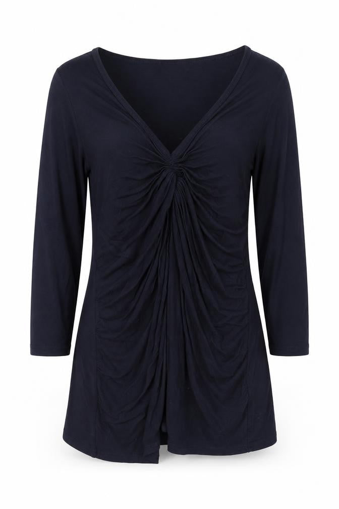 Front view of Soaked in Luxury women’s blue viscose basic blouse, size S, v-neck