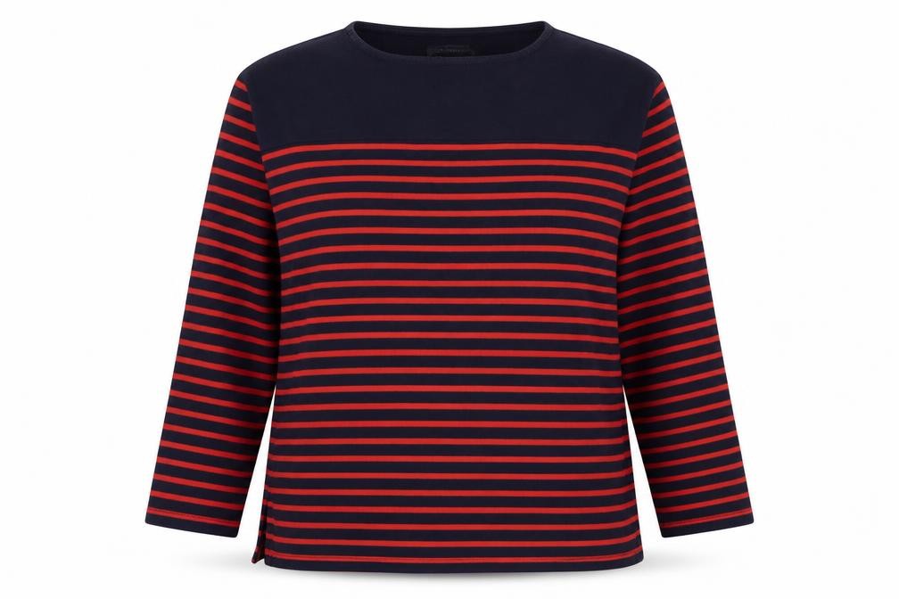 Front view of Marks & Spencer women’s red striped cotton pullover sweatshirt, size UK 12, pullover