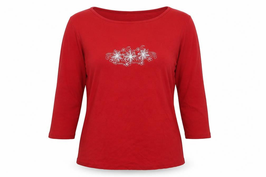 Front view of Bonmarché women’s red cotton basic blouse, size M, round neck