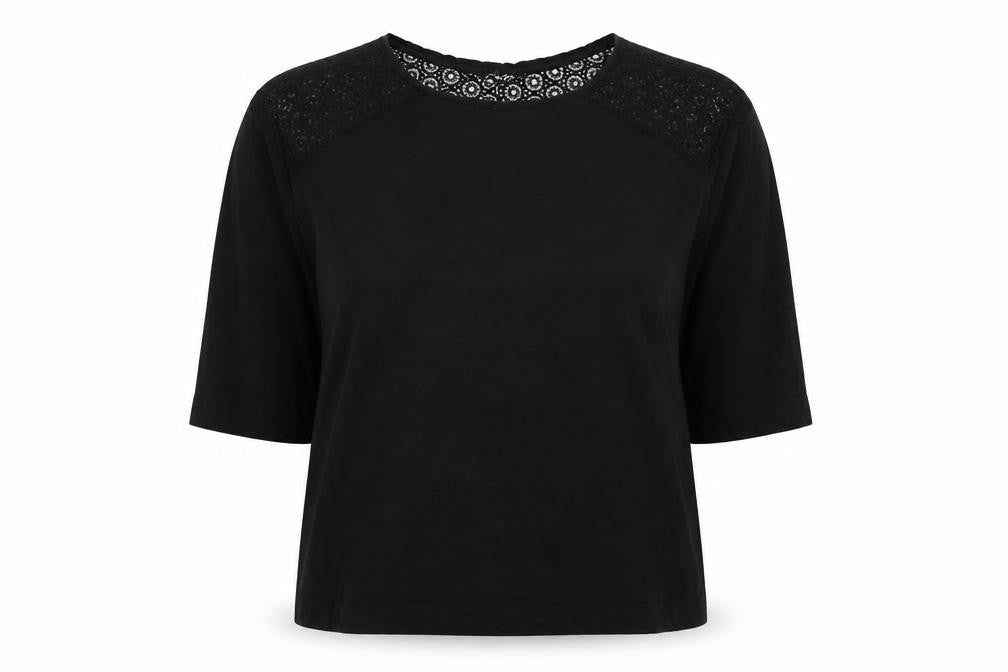 Front view of Belle Vere women’s black cotton basic blouse, size UK 14, round neck
