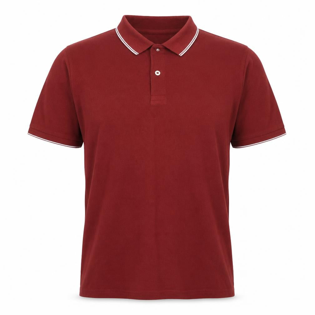 Front view of Debenhams men’s red cotton polo, size M, collared pullover