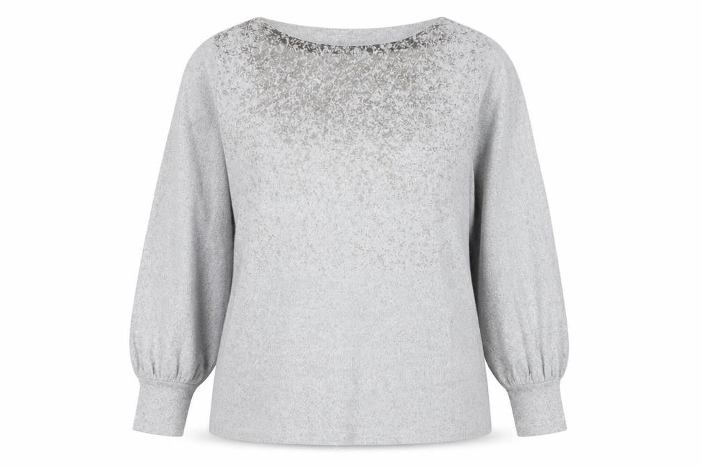 Front view of Marks & Spencer women’s grey boat neck polyester jumper, size UK 20