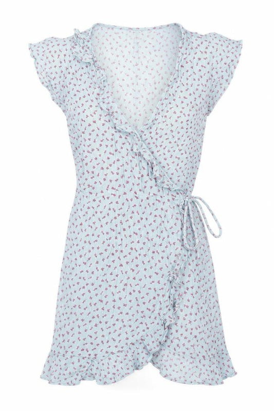 Front view of Pins & Needles women’s blue floral viscose wrap dress, size L, v-neck tie