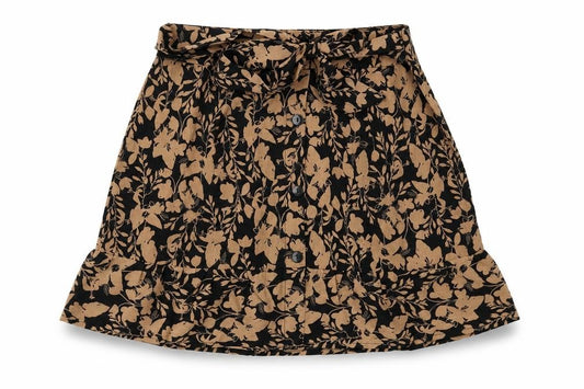 Front view of Urban Bliss women’s brown floral polyester skater skirt, size UK 8, button