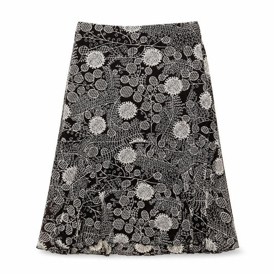 Front view of Shannon women’s brown geometric polyester swing skirt, size L