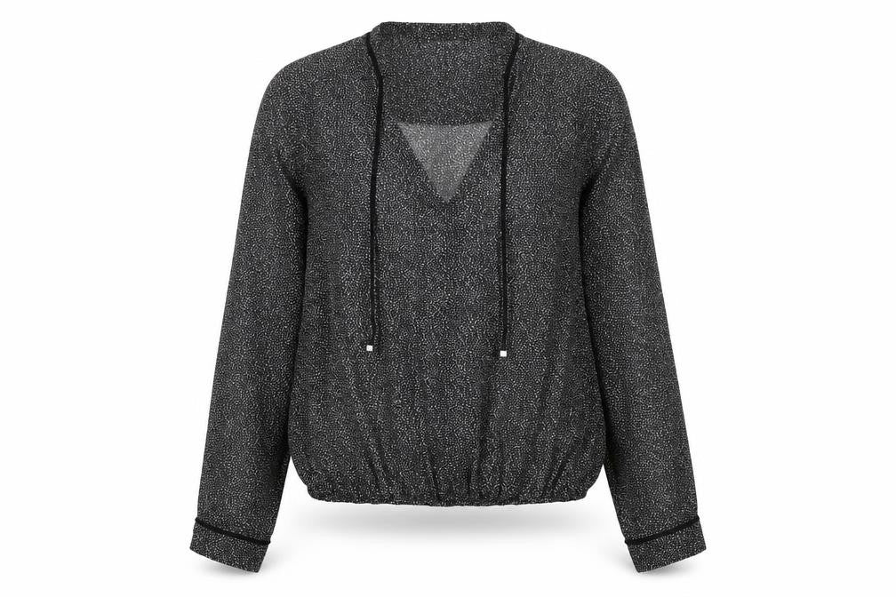 Front view of River Island women’s black geometric polyester basic blouse, size UK 8, v-neck