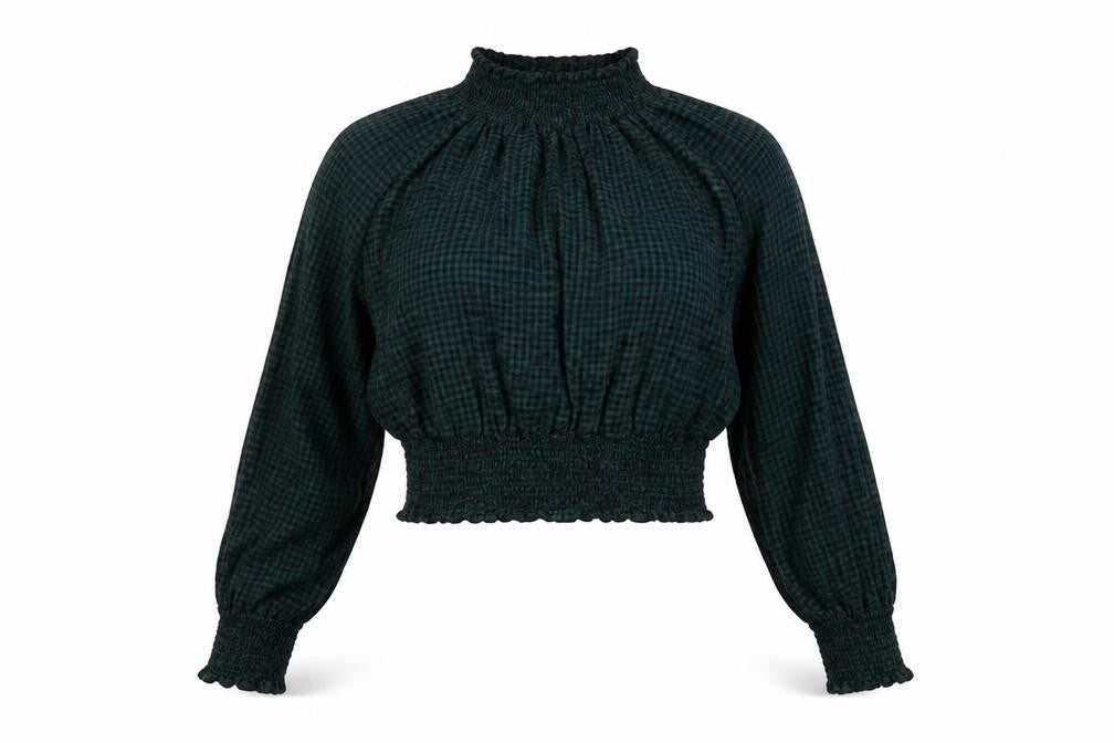 Front view of Monki women’s green geometric cotton basic blouse, size S, mock neck