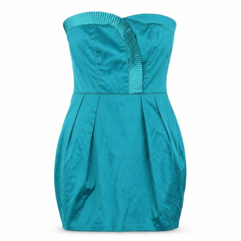 Front view of Miss Selfridge women’s blue polyester mini, size UK 8, sweetheart zip