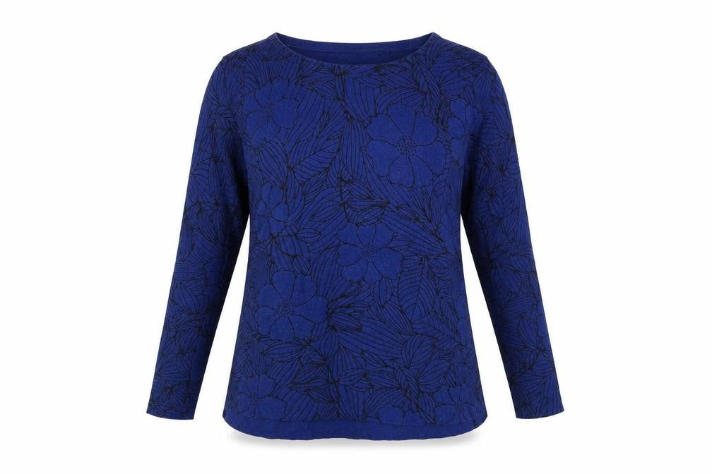Front view of Marks & Spencer women’s blue boat neck floral cotton jumper, size UK 14