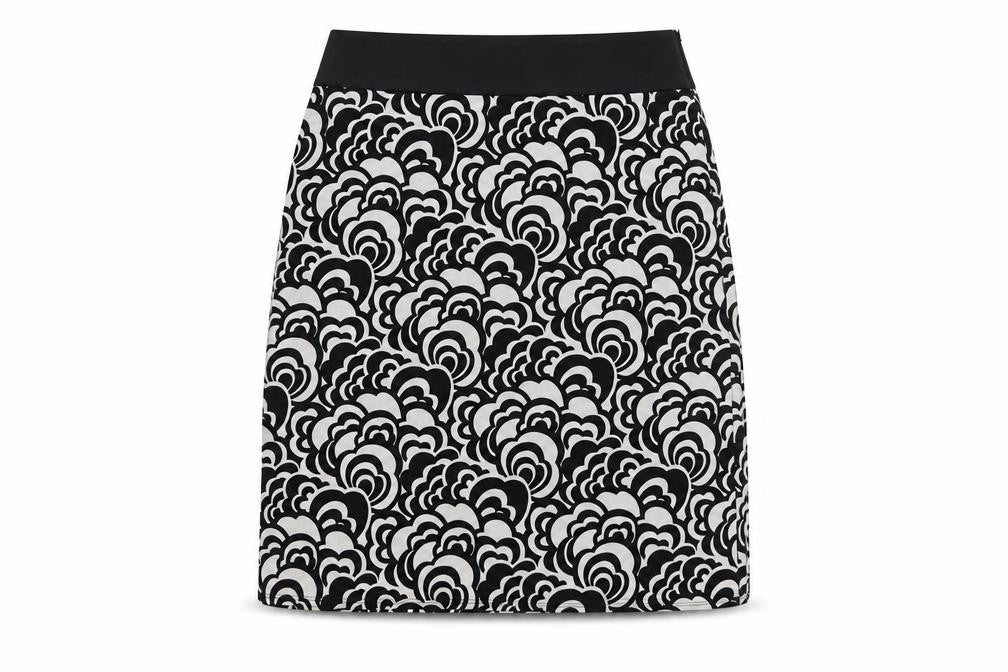 Front view of Tahari women’s black geometric polyester a-line skirt, size UK 8, zip