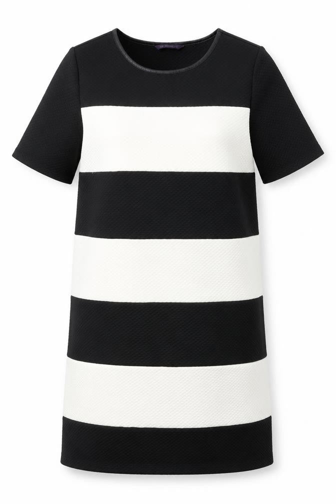 Front view of Marks & Spencer women’s black striped polyester shift, size UK 8, round neck pullover