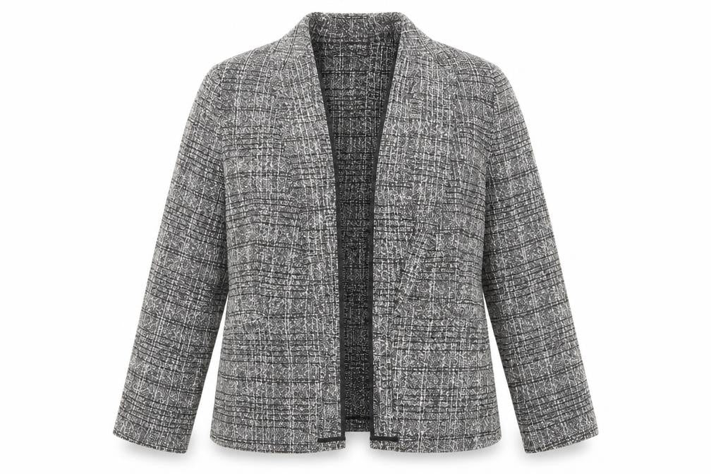 Front view of Marks & Spencer women’s black geometric jacket, size UK 12