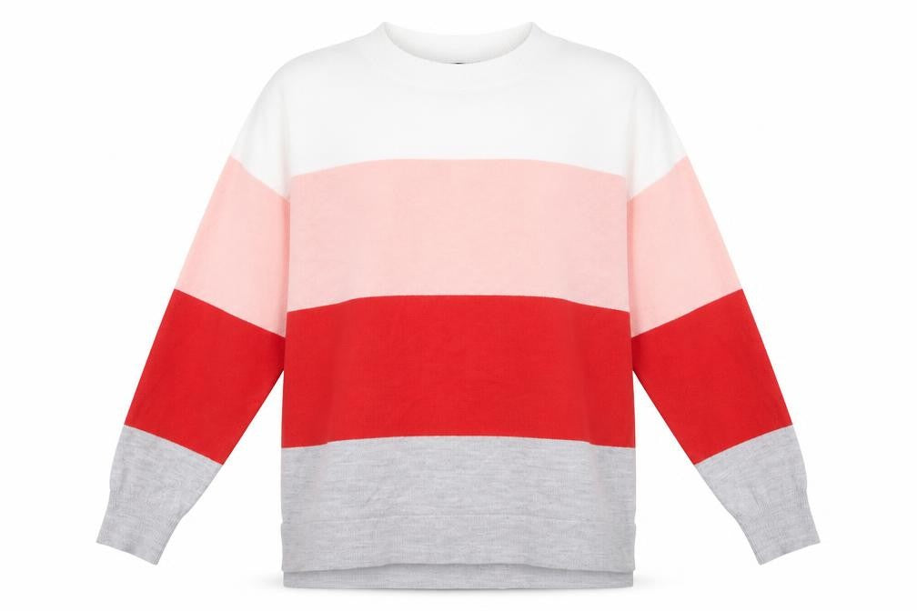 Front view of Dorothy Perkins women’s multicoloured round neck striped acrylic jumper, size UK 12