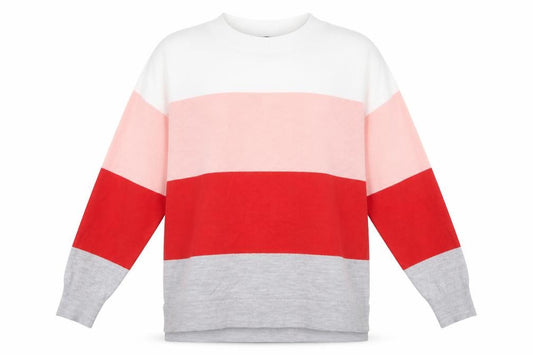 Front view of Dorothy Perkins women’s multicoloured round neck striped acrylic jumper, size UK 12