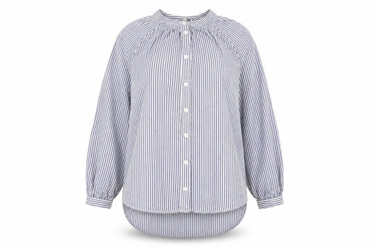 Front view of Next women’s blue striped polyester basic button-up, size UK 8, round neck