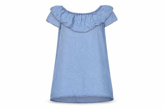 Front view of Zara women’s blue lyocell mini, size XS, off the shoulder pullover