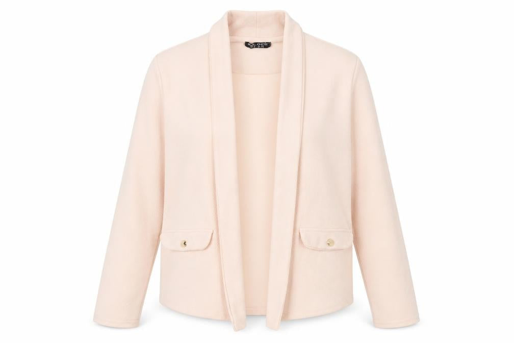 Front view of Select women’s pink v-neck polyester cardigan jumper, size UK 12